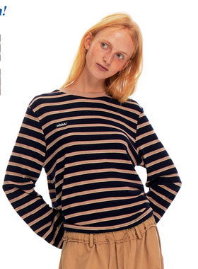 Ahhh 经典复古美式百搭圆领撞色条纹宽松慵懒长袖正肩打底T恤上衣