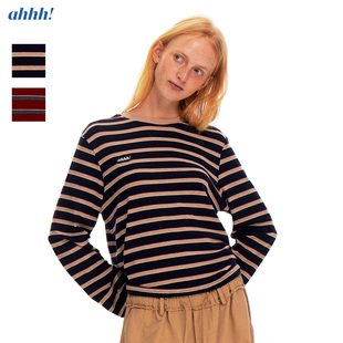 百搭圆领撞色条纹宽松慵懒长袖 复古美式 正肩打底T恤上衣 经典 Ahhh