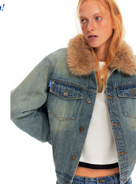 Ahhh 复古美式拼接毛领做旧水洗丹宁牛仔宽松廓形夹棉服夹克外套