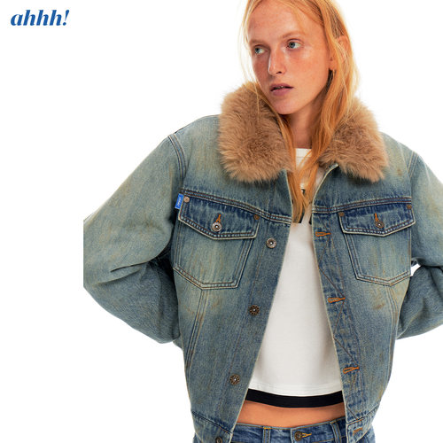 Ahhh 复古美式拼接毛领做旧水洗丹宁牛仔宽松廓形夹棉服夹克外套