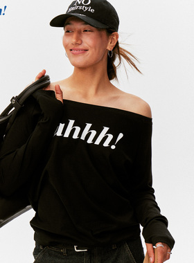 Ahhh 经典简约一字肩logo宽松长袖T恤上衣