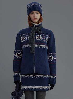 Ahhh 冬季新款复古费尔岛提花开衫针织衫毛衣外套半身裙帽子套装