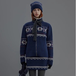 Ahhh 冬季新款复古费尔岛提花开衫针织衫毛衣外套半身裙帽子套装