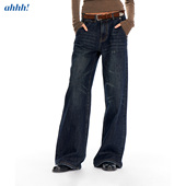 长裤 水洗做旧破洞磨白微阔腿高腰直筒显瘦牛仔裤 子 复古经典 Ahhh