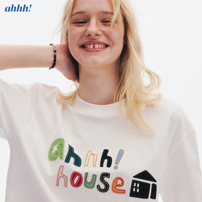 Ahhh  趣味活力百搭纯棉house撞色贴布绣宽松显瘦短袖T恤上衣