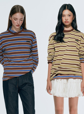 Ahhh 撞色条纹长袖T恤女春夏新款美式复古刺绣圆领宽松打底衫上衣