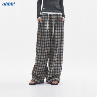 长裤 Ahhh 阔腿裤 橡筋腰系带格纹宽松直筒休闲裤 子女 百搭复古美式