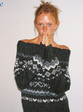 Ahhh【黄多多同款】复古慵懒费尔岛一字肩提花毛衣女针织长袖上衣