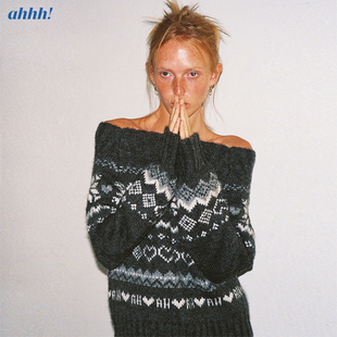 Ahhh【黄多多同款】复古慵懒费尔岛一字肩提花毛衣女针织长袖上衣