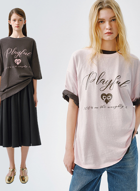 Ahhh 多巴胺水洗印花短袖T恤女春夏新款宽松圆领内搭上衣打底衫