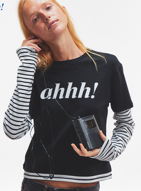 Ahhh 复古拼接假两件简约条纹印花logo圆领修身显瘦长袖T恤上衣