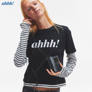 Ahhh 复古拼接假两件简约条纹印花logo圆领修身显瘦长袖T恤上衣