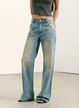 Ahhh 复古水洗做旧百搭泼墨涂鸦脏点宽松直筒牛仔裤阔腿长裤子女