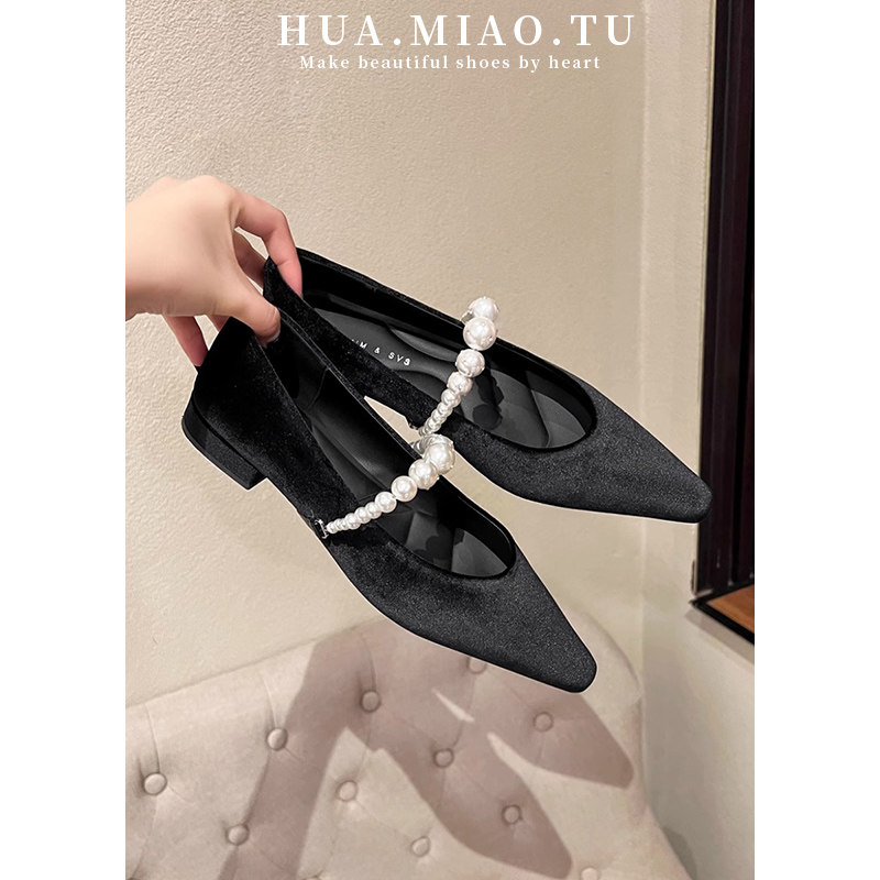 断码清仓~法式珍珠浅口尖头单鞋女低跟新款季丝绒软平底玛丽珍鞋,女鞋,浅口单鞋,淘宝优惠券,粉丝福利购,淘宝优惠卷