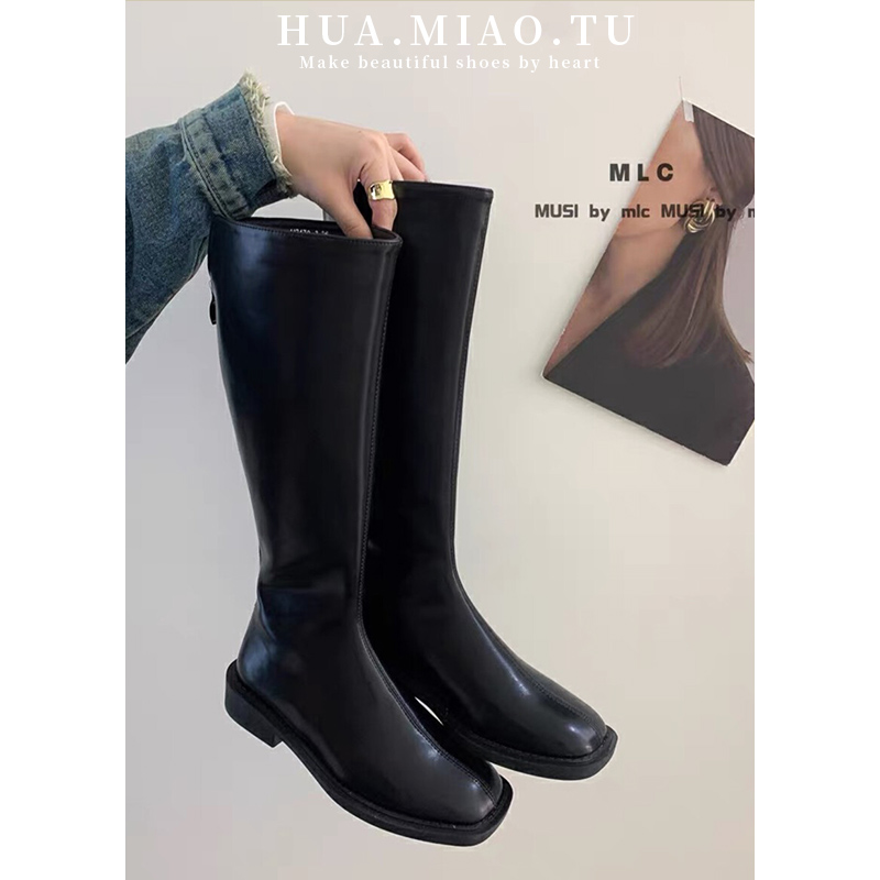 显瘦长靴女不过膝方头平底