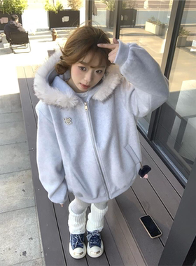 美式复古高街毛领连帽开衫卫衣外套女春秋2025oversize韩系慵懒风