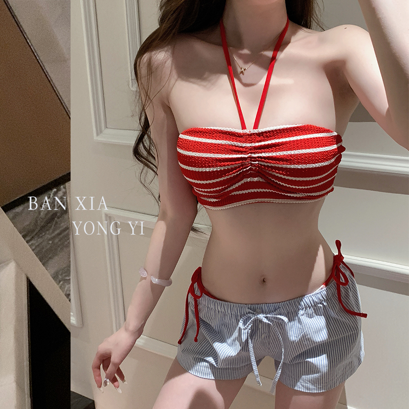 显白复古红条纹性感辣妹分体三件套比基尼小胸短裤温泉度假泳衣女