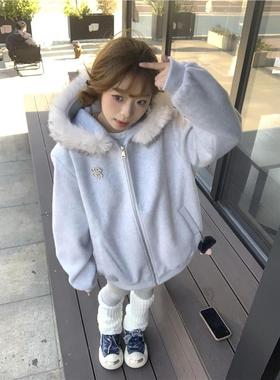 韩系超好看的短款连帽毛呢外套女秋冬新款小个子加厚保暖呢子上衣