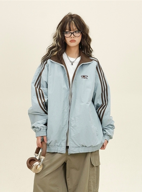 怕麻烦三条杠双面穿夹克女2024秋季新款宽松bf美式覆古学院风外套