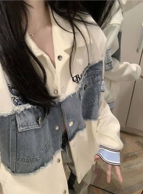 美式棒球服女加绒加厚设计感秋冬季牛仔拼接外套夹克宽松oversize