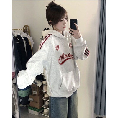 美式插肩三条杠卫衣女大童2025春秋新款爆款初中生宽松连帽外套女