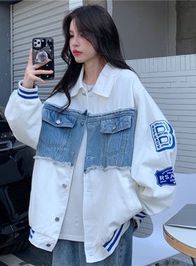 胖mm特大码300斤拼接牛仔外套女春秋新款美式潮牌宽松夹克上衣ins