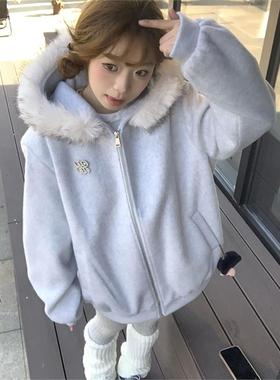 美式复古高街毛领连帽开衫卫衣外套女春秋2025oversize韩系慵懒风