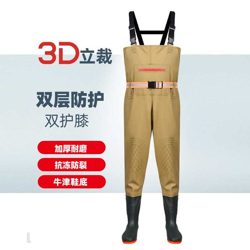 下水裤连身半身防水衣服雨裤带雨鞋加厚全身男抓捕鱼加棉皮叉裤