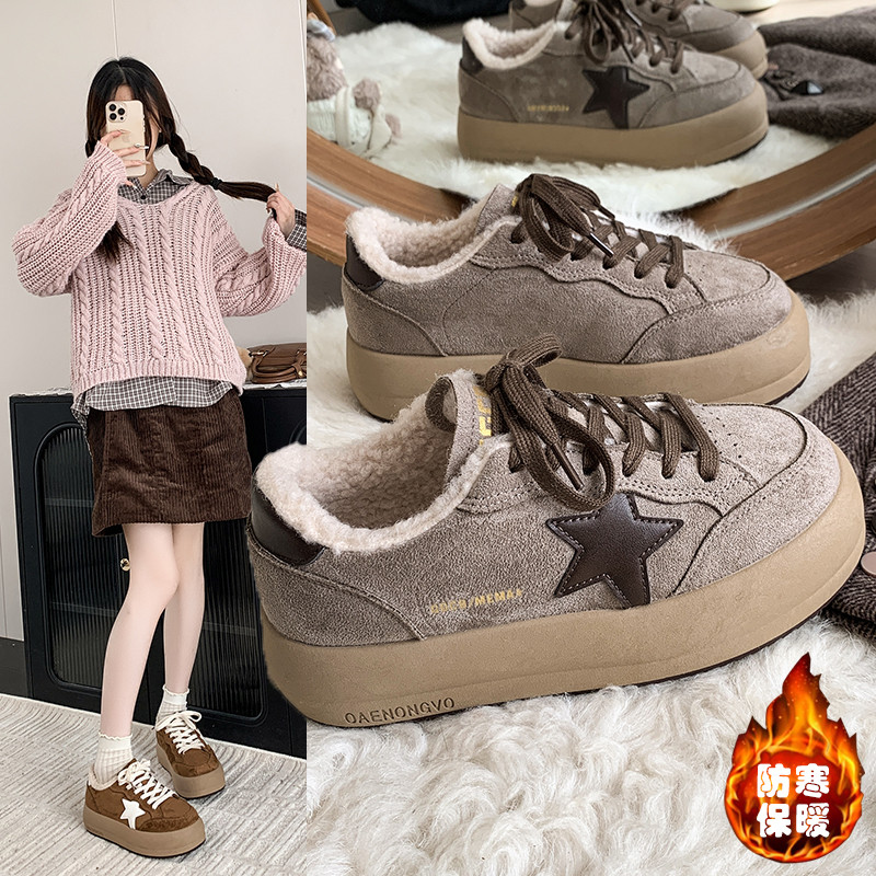 加绒加厚时尚百搭平底休闲鞋女2025冬季保暖系带学生防滑软底板鞋