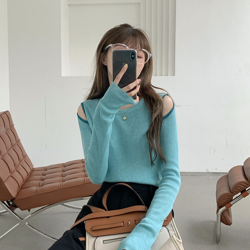 速发202新款织季设春感撞色露肩长袖针计打底衫洋气韩版T恤上衣服