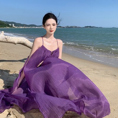 速发法式飘逸露背吊带连衣裙夏宽松紫色仙拍照海边度假沙滩裙