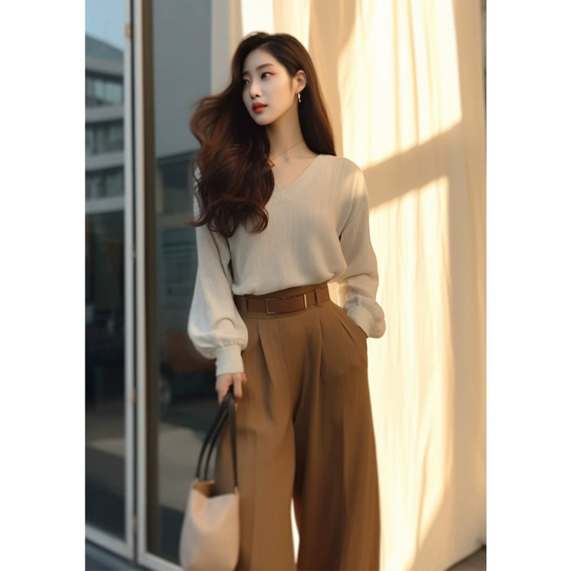 速发衣风高港感御姐气质神范杏色上级卡其色阔腿裤两件式套装