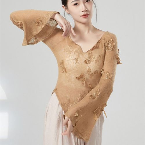 速发舞服蝶恋花一字色上衣蝴蝶立体刺绣袖绿领教师古典舞蹈服