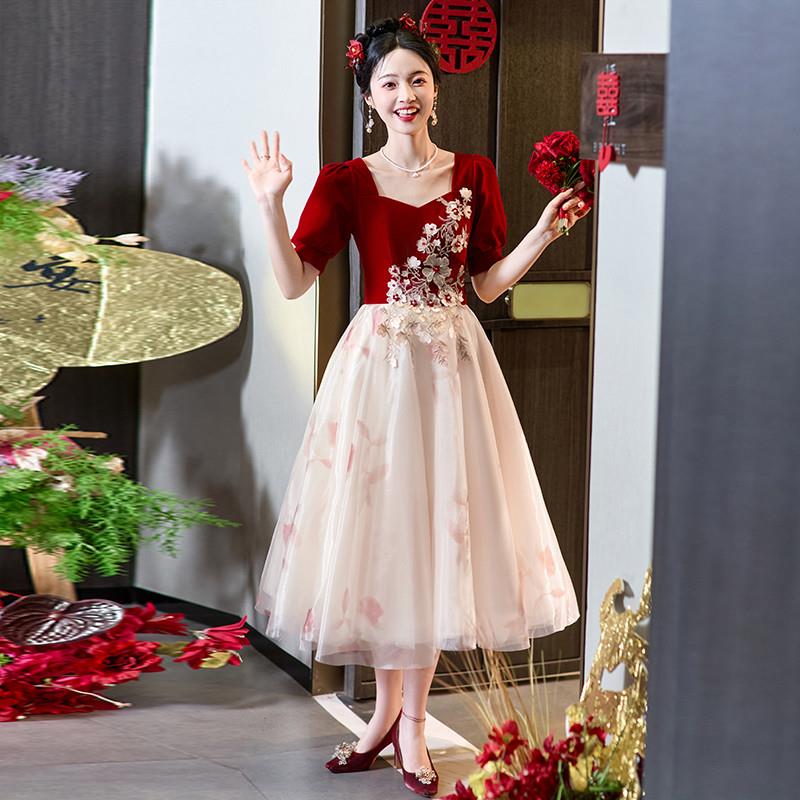 大码结婚敬酒服新娘高级感红色小个子胖mm订婚新中式礼服连衣裙女
