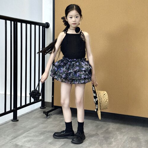 女童黑色冰丝挂脖吊带