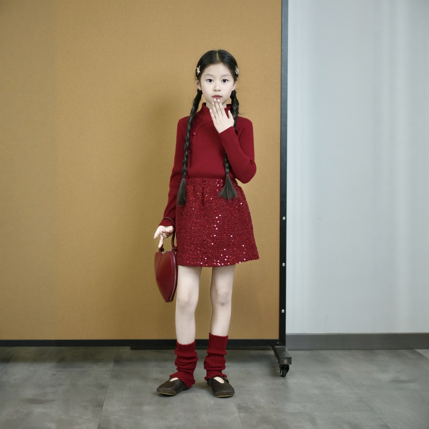 红色秋冬亮片半裙复古小香风