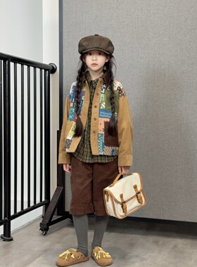 TOUKIDS2025新款儿童秋冬复古灯芯绒拼色外套夹克韩版宽松拼接