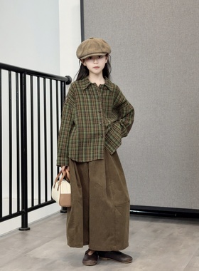 TOUKIDS2025新款儿童秋冬绿色格纹法兰绒衬衫森系细格子复古中性