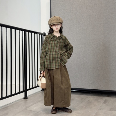 2025新款儿童绿色格纹衬衫复古