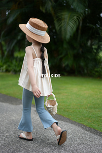 TOUKIDS儿童喇叭裤女夏季薄款瑜伽裤表演演出服舞蹈复古弹力蓝色