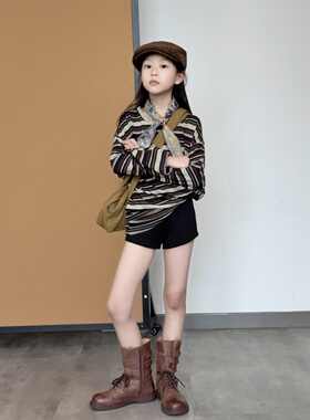 TOUKIDS2025新亲子撞色条纹长袖t恤宽松慵懒风打底衫百搭休闲时尚