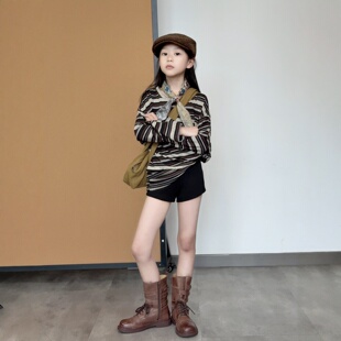 TOUKIDS2025新亲子撞色条纹长袖t恤宽松慵懒风打底衫百搭休闲时尚