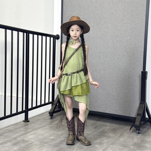 TOUKIDS2025新款夏季女童绿色不规则吊带裙洋气时尚百搭休闲裙子
