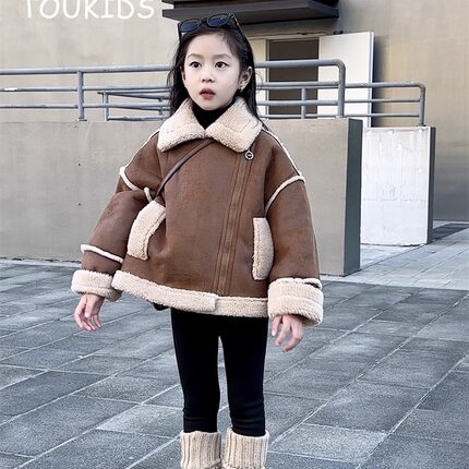 TOUKIDS儿童皮毛一体外套秋冬加厚加绒短款男女童洋气韩版简约风