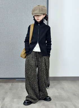 TOUKIDS2025新款儿童秋冬半高领针织拉链黑色毛衣韩版修身双拉链