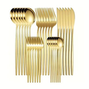 新款跨境葡萄牙24件套不锈钢餐具套装金色酒店牛排刀叉勺礼盒套装