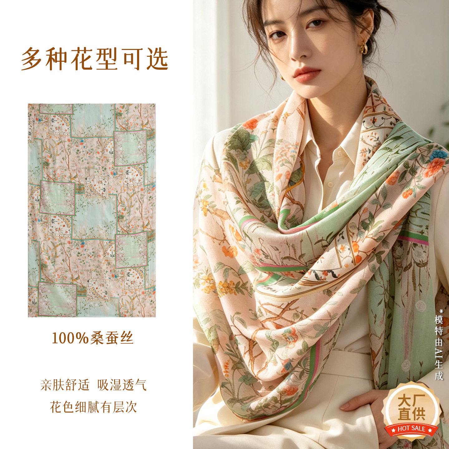 桑蚕丝丝巾女大长巾围巾夏季薄款防晒纱巾披肩送长辈妈妈礼物