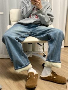 加绒加厚直筒牛仔裤女冬款大码胖mm宽松遮胯显瘦梨形身材阔腿裤子