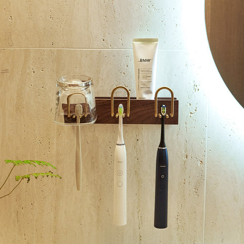 免打孔电动牙刷置物架高级感化妆室放牙膏牙杯收纳层架子实木壁挂