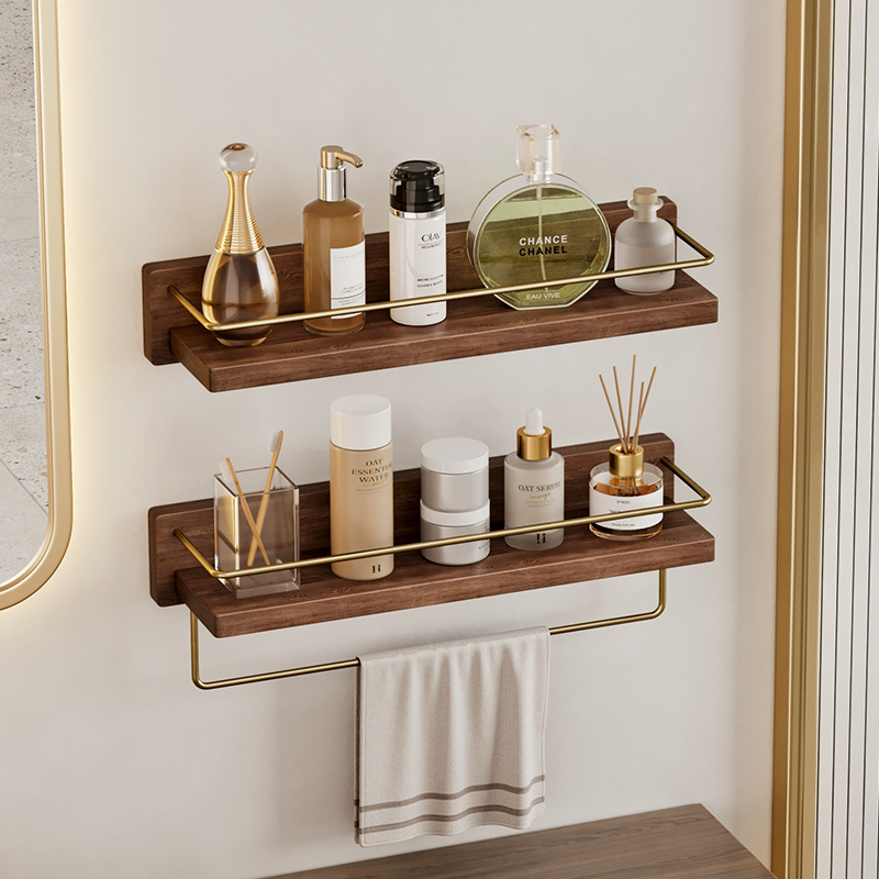 免打孔卫生间置物架实木胡桃木